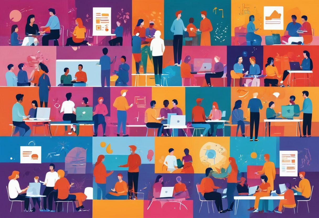 A colorful digital landscape depicting various vibrant gay forums on floating screens, with diverse individuals engaging and supporting each other in a lively, inclusive atmosphere. The background features abstract shapes and symbols representing unity and diversity in the LGBTQ+ community. Use a bright and inviting color palette to emphasize warmth and connection. vector art. vibrant colors.