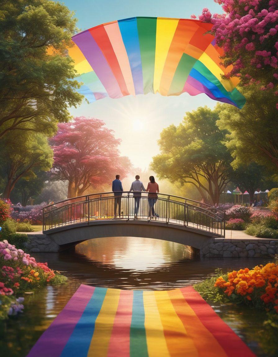 A colorful bridge symbolizing connection and inclusivity, adorned with rainbow flags and diverse silhouettes of people engaged in discussion. The background features a serene park setting with blossoming flowers and gentle sunlight, evoking warmth and openness. The scene encapsulates the spirit of unity and dialogue within the LGBTQ+ community. vibrant colors. super-realistic. soft focus.