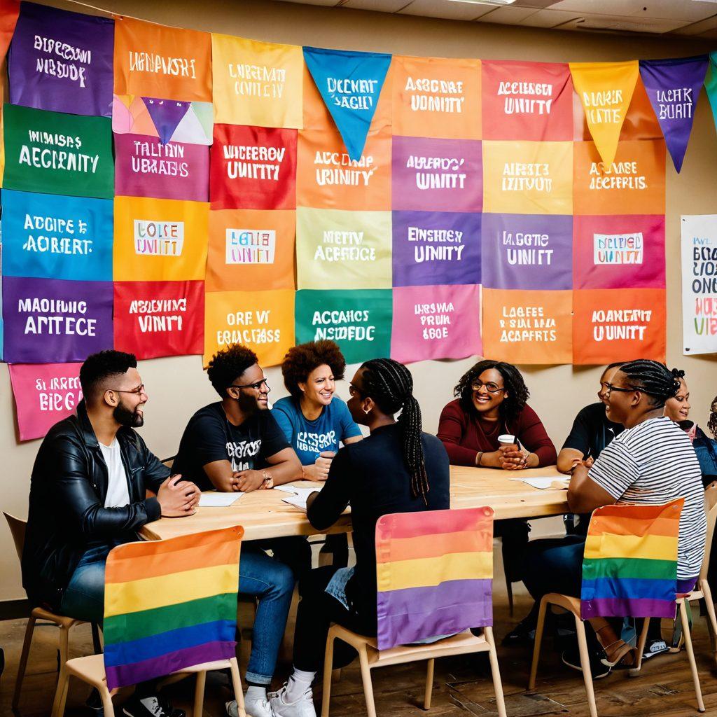 A diverse group of people of various identities engaging in a lively discussion in a cozy, inviting forum space. They hold signs of support, showcasing colorful flags and symbols of the LGBTQ+ community. The background features a wall with empowering quotes about acceptance and unity. Soft, warm lighting enhances the welcoming atmosphere, encouraging inclusivity and connection. vibrant colors. super-realistic.
